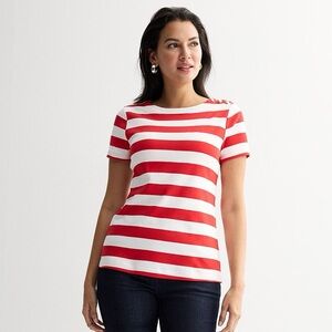 Michael Kors Short Sleeve Striped Cotton Jersey Top with Gold Zipper Shoulders